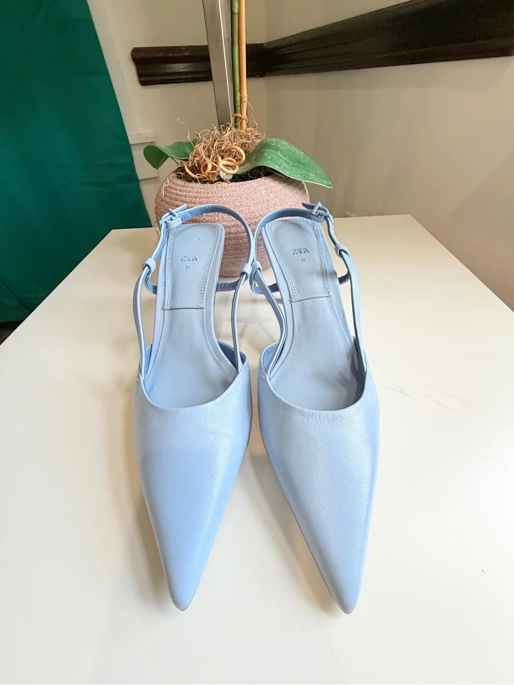 Zara Light Blue Slingback Heels Pointed Toe Size 37 US 6.5